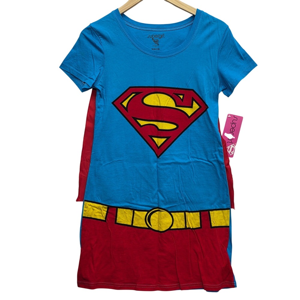 Supergirl DC Comics Girls Blue Graphic T-Shirt Dress with Detachable Cape M 7/9